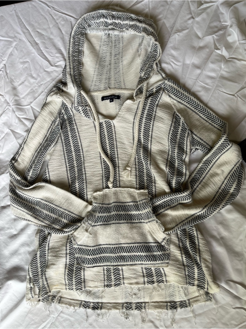 Boho beach raw hem coastal cowgirl Hooded Baja Sweater hoodie - Cream & blue